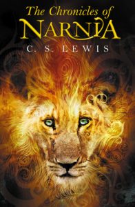 Book cover for The Chronicles of Narnia series by C.S. Lewis. Image on cover shows a drawing of a lion whose mane has been stylized to look like fire. 