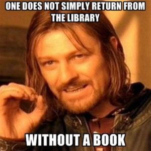 Aragorn from the film version of Lord of the Rings clasping his thumb and middle finger together in a circle and looking serious. The text reads, “one does not simply return from the library without a book.” 