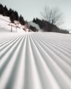 A photo taken of snow that has blown into straight, even lines. It looks like someone plowed the snow this way, but I think it happened naturally as a result of bumps and crevasses on the land the snow fell on. In the distance, you can see the blurry image of a hilll, some evergreen trees, and a few trees that have lost their leaves for the winter. 
