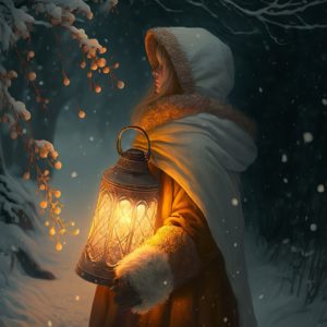 Painting of a young, blond, white woman who is standing outside in a snowstorm and looking at a fir tree whose branches are heavily coated in snow. She is wearing a red dress with white cuffs on it and a white cloak with a yellow, possibly fur trim. She is also holding a lantern that’s about the size of an infant. The lantern is glowing steadily in the dark winter scene, illuminating her, the tree, and the snow. 
