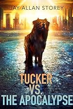 Book cover for Tucker Vs. The Apocalypse by Jay Allen Storey. Image on cover shows a photorealistic painting of a golden retriever standing alone on a wet street in the evening sun with city skyscrapers behind him. 