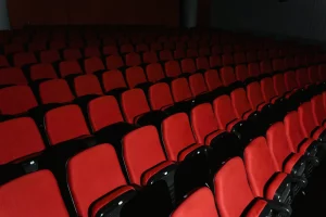 A photo of about six rows of red empty seats in a theatre. There’s not a lot of light in this room which gives it an eerie sort of feeling even though all you can see are tidy, red seats everywhere you look. 