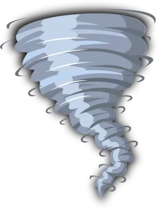 A cartoon-style drawing of a white and grey tornado. 
