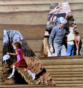 Two photos from the day when Grandpa dug the drainage ditch in his yard. In the left photo, you see a Caucasian girl with short, curly brown hair leaping over the drainage ditch. I’m probably about 5 or 6 years old in this photo. The ditch was maybe a foot or two deep and there are piles of soil on each side. I’m wearing a pink shirt, a red skirt, and white shoes that were somehow still clean despite all of the mud. I n the photo on the right, my little brother is standing next to our grandfather beside the ditcher. The ditcher had been painted red but the paint was fading. It was about 8 feet tall based on how much it towered over my already decently-sized height grandfather. Grandpa is a Caucasian man in about his 50s whose skin has been deeply tanned by a lifetime of working outdoors. He’s wearing a blue and white ball cap, a blue longsleeved work shirt, and a lighter blue pair of pants. My brother is also Caucasian, about 3 or 4 years old, and he wearing jeans and a yellow-tshirt, and has straight blond hair. 