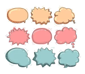 Six speech bubbles lined up in three equal rows. The row on top is coloured peach, the middle row is pink, and the bottom row is sea green. 