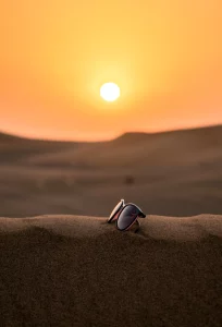 A pair of sunglasses sitting on a sand dune. The sun is setting in the background.