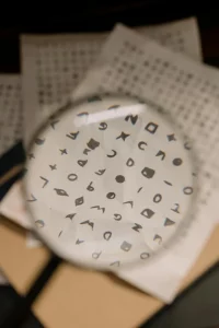 Photo of a magnifying class that is enlarging a cryptographic message printed on a white piece of paper. The message includes a few letters but is mostly comprised of symbols and pictograms. 