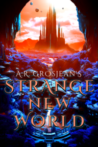 Book cover for Strange New World by A.R. Grosjean. Image on cover is a digitally-created painting of a castle sitting on a large and very rocky mountain that has no visible vegetation growing on it. The perspective of this scene was painted from inside of a cave, so you can see the black walls and watery floor of the cave in about the first 60% of the painting. The castle and the clouds behind the castle are visible due to the sunlight pouring over them and rapidly approaching the cave. This is such a pretty and calming image. 