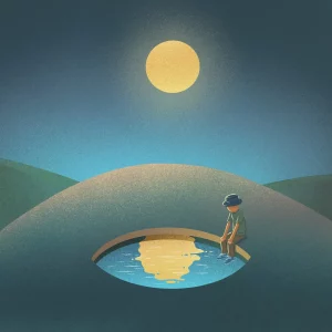 Surreal painting of a little pale-skinned person sitting on the edge of a pond with their legs hanging over the water while the sky above is dark but there is a pale blue light over the horizon. The light in the sky is brighter than the moon but dimmer than the sun. You can see a reflection of it in the pond, although it is partially distorted by ripples in the water. The pond is set on a hill, and you can see two more hills behind it. Is this set at dusk or dawn? Why is the person wearing a hat but not a jacket? Why are they alone so close to the water and at such a lonely time of day? 
