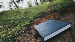 A photo of a black hardcover book lying on a forest floor in a patch of dirt. Maybe it’s next to a tree whose leaves are too numerous to allow grass to grow there? In the distance you can see the calm water of a pond. 