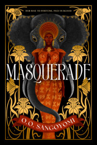 Book cover for querade by O.O. Sangoyomi. Image on cover shows a drawing of a gorgeous African woman wearing a red dress and red headdress. She’s surrounded by large golden flowers. There is an elephant behind her, and its trunk is lightly hugging her legs.