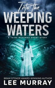 Book cover for Into the Weeping Waters by Lee Murray. Image on cover shows a young, pale woman with long, straight dark hair standing up and looking down at her feet. She’s wearing a flowing white nightdress and appears to be standing on the bed of a river or lake. She is submerged in the dark, murky water and is standing near what appears to be wreckage from a crash of some sort. It looks more like a large machine than a boat, though, so maybe it was dumped in the water? You can see a few large wires coming out of this device whatever it is as well as a piece on it that looks like a wagon wheel or possibly a motor of some sort. 