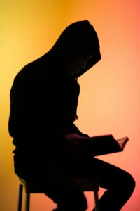 Photo of a person wearing a hoodie and hunching over a little as they read a book. They are in a room that is only partially illuminated with light, so you can see a weak yellow-orange light behind them but it is not strong enough to show us this person’s age, race, sex, or any other identifying characteristics. So all you see is their silhouette as they read. 