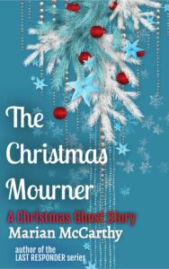 Book cover for The Christmas Mourner by Marian McCarthy. Image on cover shows a closeup painting of a few branches of a white Christmas tree decorated with red bulbs. You can see snow gently falling in the blue background.