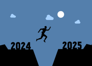 A possibly computer-generated drawing of someone leaping between two large rocks after dusk. The rock on the left has 2024 on it, and the rock on the right has 2025 on it in bold black letters that look a little like the Holllywood sign in California. There is a full moon hanging above that lightly illuminates this scene. 