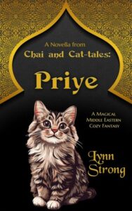 Book cover for Priye by Lynn Strong. Image on cover shows a drawing of a striped grey and white kitten looking up and just to the right. It’s not quite making eye contact with the viewer. Behind the cat is a black doorway and, above the doorway, and golden wall that has been subtly carved with dozens of small circles and petal-like shapes that repeat themselves in pleasing patterns. 