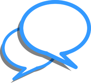 Two overlapping speech bubbles. They are white and have blue borders. 