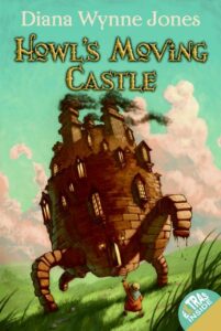 Book cover for Howl’s Moving Castle (Howl’s Moving Castle, #1) by Diana Wynne Jones. Image on cover shows a castle that has somehow sprouted large wooden legs and is walking in a meadow. 