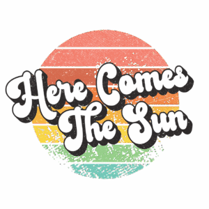 A 1970s, muted rainbow-themed graphic that reads “here comes the sun.” The rainbow colours are arranged to look like a circle or the sun instead of a traditional rainbow. 