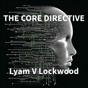 Book cover for The Core Directive by Lyam Lockwood & Steven Nimocks. Image on cover shows a side profile of a human-like face looking to the right. it’s grey and looks computer generated. The back of the head and part of the cheek and neck is dissolving into computer code. 