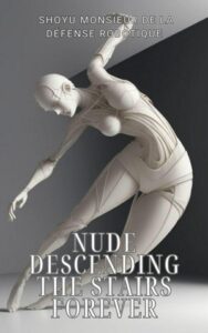  Book cover for Nude Descending the Stairs Forever by Shoyu Monsieur de la Défense Robotique:. Image on cover shows a white metal or plastic humanoid robot who has breasts bending over and dancing gracefully. 