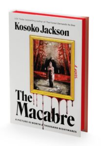 Book cover for The Macabre by Kosoko Jackson. Image on cover shows a painting that has blood dripping out from behind it. The painting itself shows a faceless figure wrapped in white gauze standing in front of a terrifying forest where all of the trees are red and look like they’re covered in blood. 