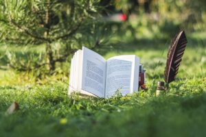 A hardback book, a quill, and a bottle of ink artfully arranged outside in the grass. The book and quill are propped up so the viewer can better see them. 