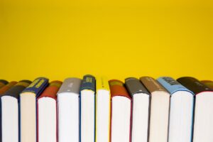 A dozen hardbacked books placed with their spines sticking up. The angle of the photo isn’t quite high enough to read their titles, but you can see their white pages and the yellow wall behind them. 