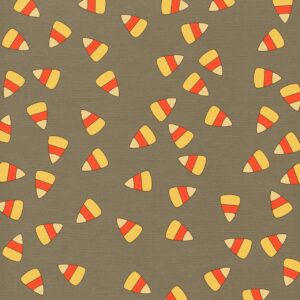 A grey background filled with drawings of dozens of pieces of candy corn that are more or less spread out equally.
