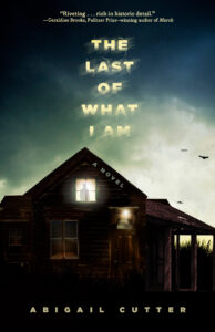 Book cover for The Last of What I Am: A Novel by Abigail Cutter. Image on cover shows a figure standing in the second story window of an old wooden farmhouse. There is a light on in that room that is illuminating everything and obscuring the figure’s features. It is dusk outside and you can see the last bit of light fading away as a few birds fly through the sky. 