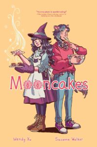 Book cover for oncakes by Suzanne Walker. Image on cover shows a drawing of a witch holding a steaming pie and a young man standing next to her as he easts something out of a bowl with a content expression on his face. 
