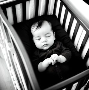 Black and white photo of a baby sleeping in a crib. 