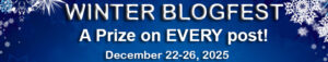 A dark blue banner with white snowflakes gently falling from the top portion of it. The blue gradually grows lighter, too, as your eye scans to the bottom of the banner. The text reads” Long and Short Reviews Winter Blogfest. A Prize on Every Post. December 22-26, 2025.”