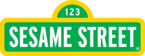 The Sesame Street logo. It looks like a street sign with the numbers 123 at the top and the phrase “Sesame Street” written in a plain white font against a green and gold background. 