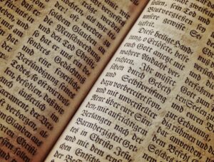 Closeup photo of an antique book printed in Old German. I don’t know what the words say, but the font is beautiful. 