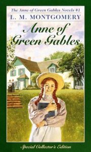 Book cover for nne of Green Gables (Anne of Green Gables, #1) by L.M. Montgomery. Image on cover shows Anne wearing her sun hat anad standing in front of Green Gables smiling as she clutches a book. This appears to be a drawing that was used a lot in 1980s covers for this book. 