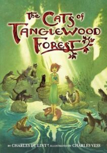 Book cover for The Cats of Tanglewood Forest by Charles de Lint. Image on cover shows a drawing of about a dozen cats sitting near a small, pale child who is wearing a gauzy green dress and standing next to a pond in a jungle. 