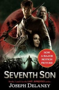 Book cover for Seventh Son (The Last Apprentice #1-2) by Joseph Delaney. Image on cover shows three of the characters, presumably the actors from the film version of this book. They are all white, one young woman, one young man, and one old man, and are looking dramatically to the right or facing the audience. 