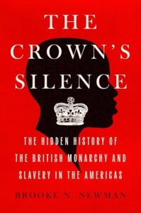 Book cover for The Crown's Silence: The Hidden History of the British Monarchy and Slavery in the Americas by Brooke N. Newman. image on cove shows a British royal crown hanging from the black silhouette of a head as if it were an earring.