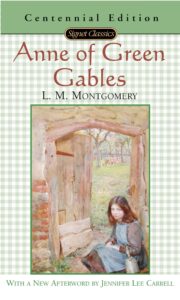 Book cover for Anne of Green Gables (Anne of Green Gables, #1) by L.M. Montgomery. Image on cover shows a simple coloured pencil drawing of Anne sitting down outdoors near an opened wooden door. She’s wearing a plain blue dress and grey sweater and looking down at her lap. 