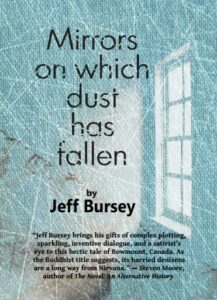 Book cover for Mirrors on which dust has fallen by Jeff Bursey. Image on cover appears to be drawn through the perspective of an old mirror that has been scratched up and is covered in a layer of dust. Everything is hazy and some sections are harder to see due to the scratches. The sene shows light falling through a window into an otherwise empty room. We only see this one corner of the room, however. 