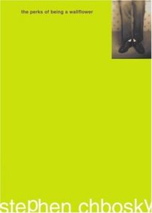 Book cover for The Perks of Being a Wallflower by Stephen Chbosky. Image on cover is lime green except for the upper right corner which shows a small black and white photo of someone wearing dress pants and dress shoes who is standing by the wall. You can only see their legs and shoes in this image. 