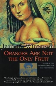 Book cover from Oranges Are Not the Only Fruit by Jeanette Winterson. Image on cover shows a painting of a woman who has dreadlocks and a snake curled around her breasts. 