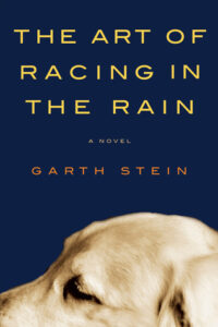 Book cover for The Art of Racing in the Rain by Garth Stein. Image on cover shows the side profile of the head and snout of a yellow Labrador retriever. 