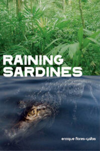 Book cover for Raining Sardines by Enrique Flores-Galbis. Image on cover shows an alligator or crocodile lying motionless in a body of water beside some tall green grass. 