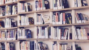 Wooden library shelves filled with books. 