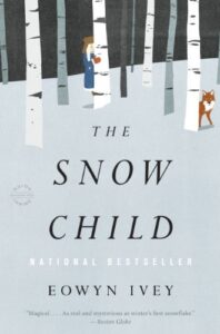 Book cover for The Snow Child by Eowyn Ivey. Image on cover is a drawing of a little white girl hiding behind a white tree in a snowy forest. A red fox peeks out from behind a nearby tree as well. 