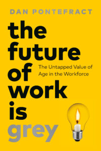 Book cover for The Future of Work Is Grey: The Untapped Value of Age in the Workforce by Dan Pontefract. Book cover shows a lightbulb that is glowing because it has a candle burning inside of it. Clever!