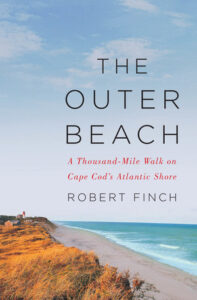 Book cover for The Outer Beach: A Thousand-Mile Walk on Cape Cod's Atlantic Shore by Robert Finch. image on cover shows a very realistic drawing of a calm beach with water on the right side and a meadow of dead grass on the left.