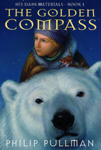 Book cover for The Golden Compass (His Dark Materials, #1) by Philip Pullman. Image on cover shows a young white child riding on the back of a polar bear.